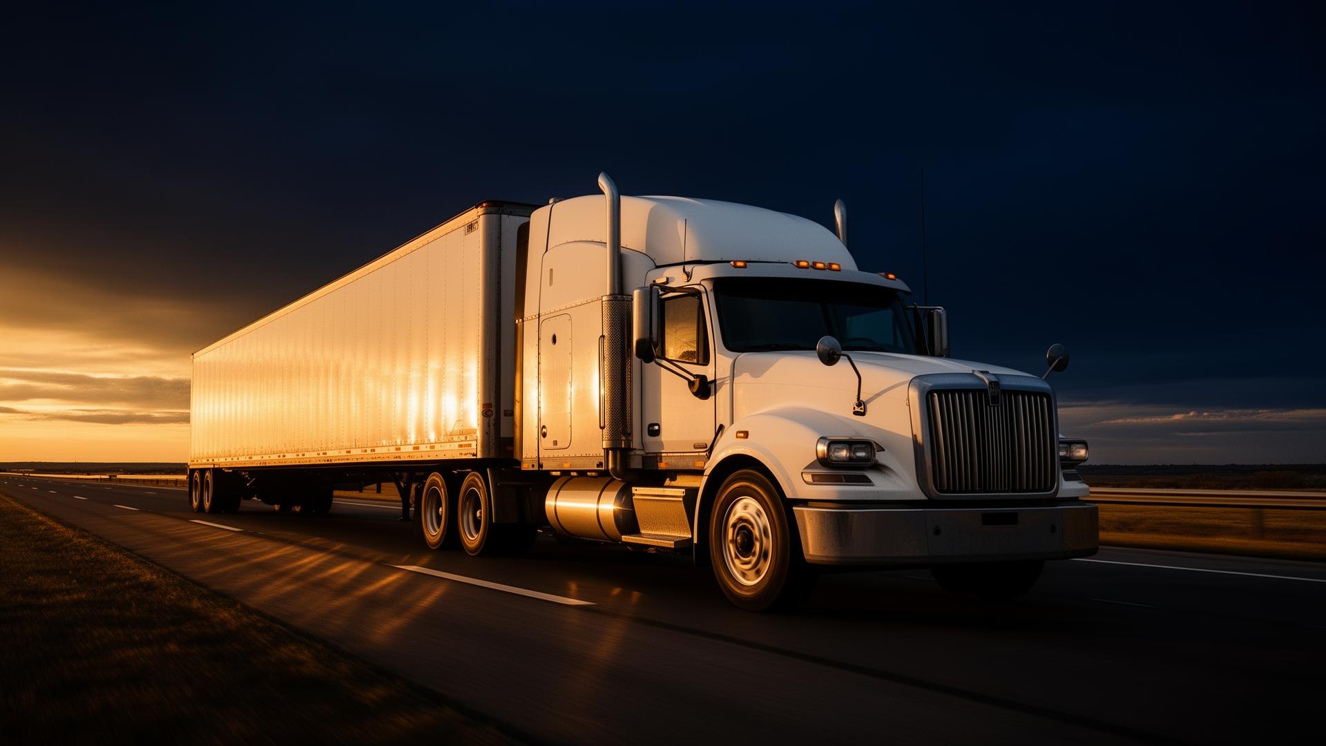Semi-truck on highway at golden hour